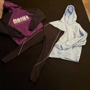 Fabletics Purple and Black Sweatshirt with Blue Hoodie and Black Leggings